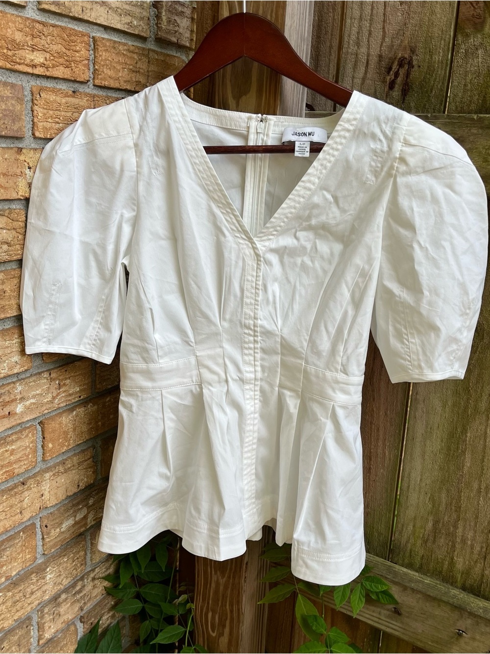 Jason Wu White V-Neck Peplum Blouse with Tailored Seams & Puff Sleeves